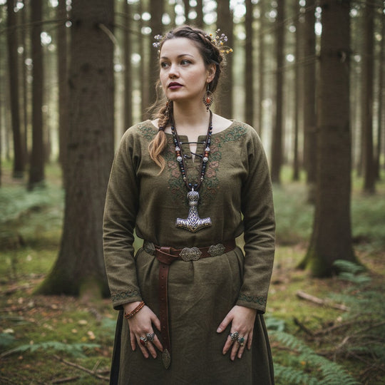 Eine elegante Halskette mit einem Anhänger in Form von Thors Hammer und Knotenverzierung aus Edelstahl, getragen von einer Frau in einer Waldkulisse.