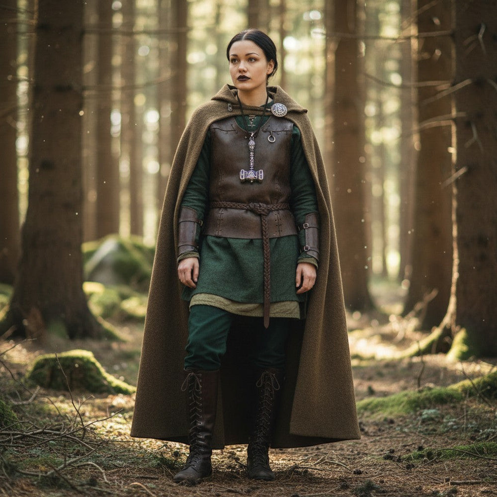 Eine stilvolle Halskette mit einem Anhänger in Form von Thors Hammer aus Edelstahl, verziert mit Knotendetails und einem Wikingersymbol, getragen von einer Frau im Wald.