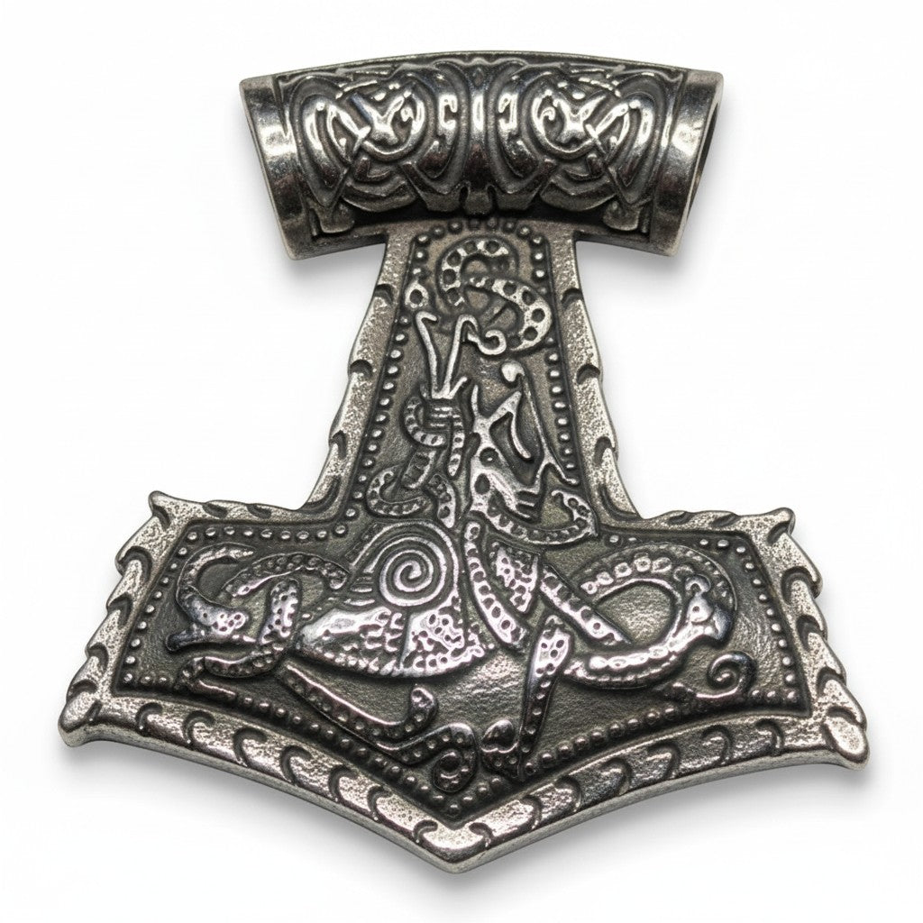 Schicker „Thors Hammer“-Anhänger aus silberfarbenem Edelstahl mit aufwendigen Knoten- und Schlangenmotiven. Ein Symbol der nordischen Mythologie, der Stärke und des Schutzes.