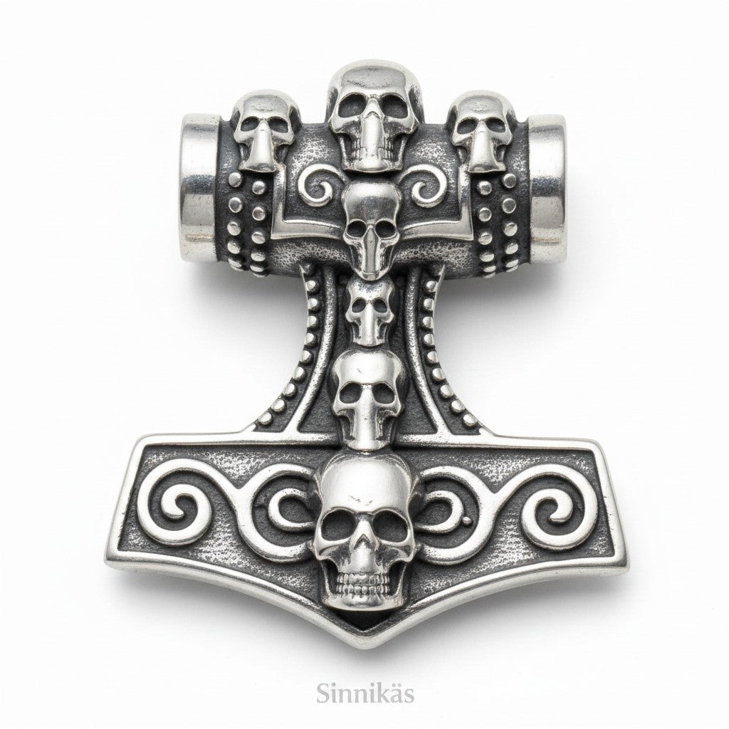 Sinnikäs Anhänger aus silberfarbenem Edelstahl in Form von Thors Hammer mit Totenkopf-Motiven und gotischem Design.