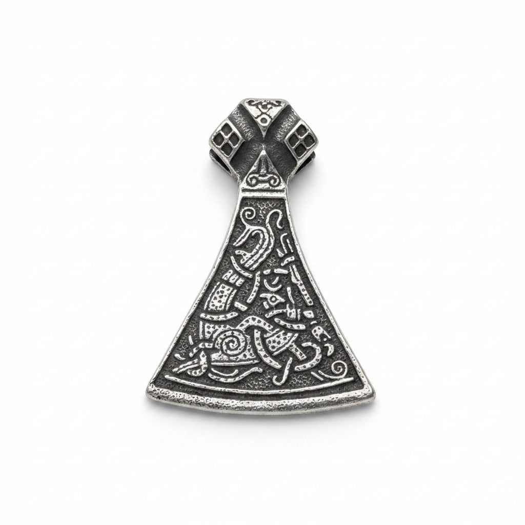 Eine stilvolle Halskette mit einem Wikinger-Axt-Anhänger, verziert mit aufwendigen Knotenmustern und Motiven mythischer Tiere, gefertigt aus Edelstahl im Antik-Look.