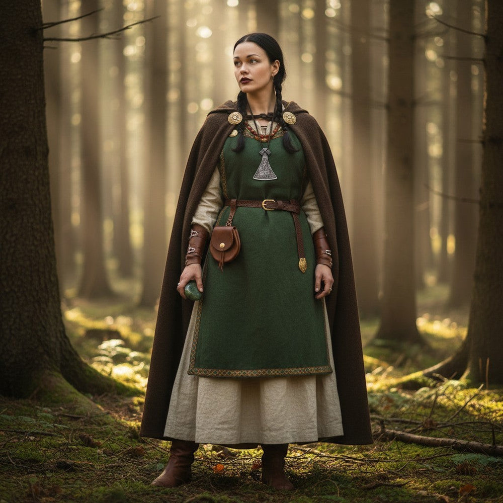 Schöne Wikinger-Axt-Halskette mit Knotenmustern und Tiermotiven aus Metall im Antik-Look. Getragen von einer Frau in einer Waldkulisse.