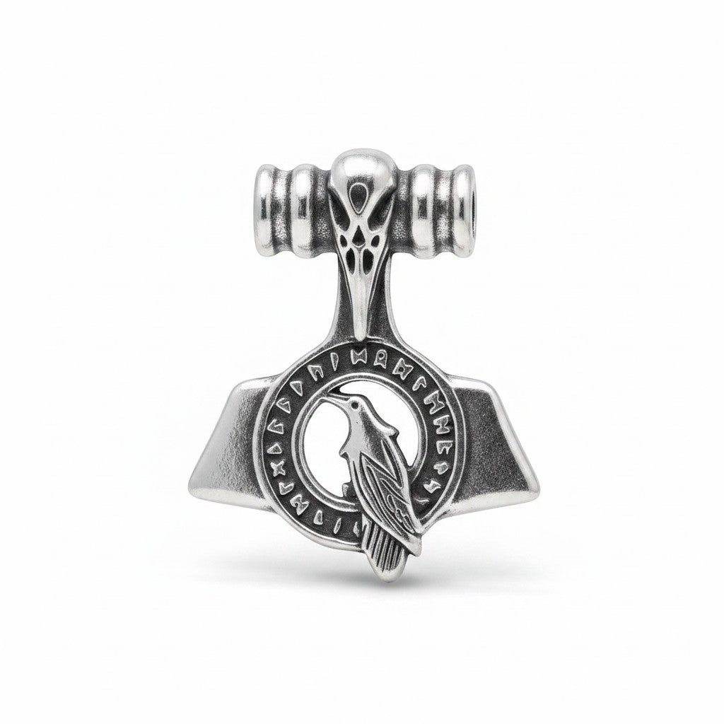 Schicker „Viking Raven Hammer“-Anhänger aus Edelstahl, verziert mit Thors Hammer Mjölnir, einem Raben und Runen.
