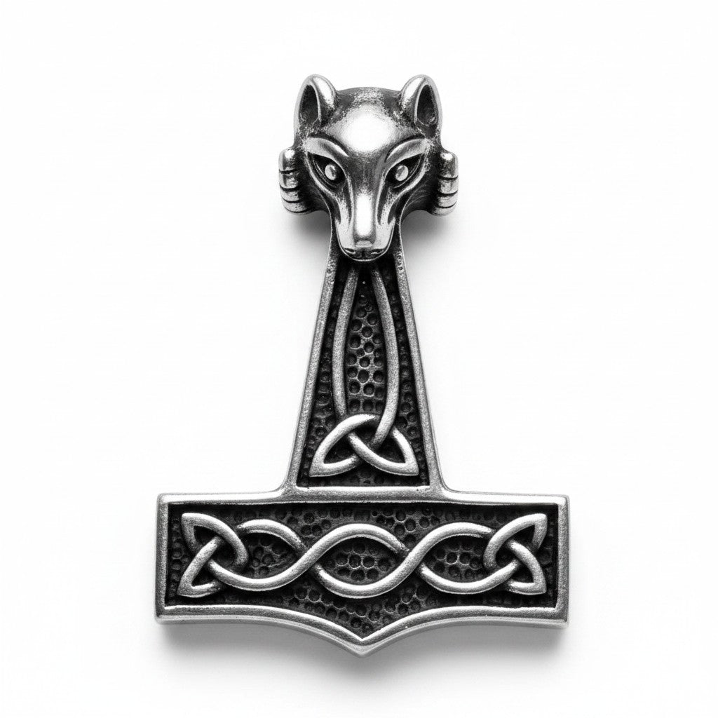 Sinnikäs-Anhänger in Form eines Wolfskopfes mit Thors Hammer aus Edelstahl und keltischen Knotenverzierungen, inspiriert von der nordischen Mythologie.