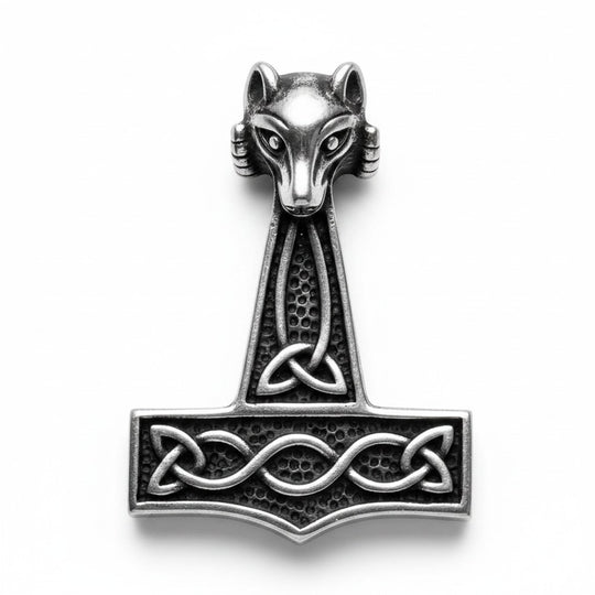 Sinnikäs-Anhänger in Form eines Wolfskopfes mit Thors Hammer aus Edelstahl und keltischen Knotenverzierungen, inspiriert von der nordischen Mythologie.