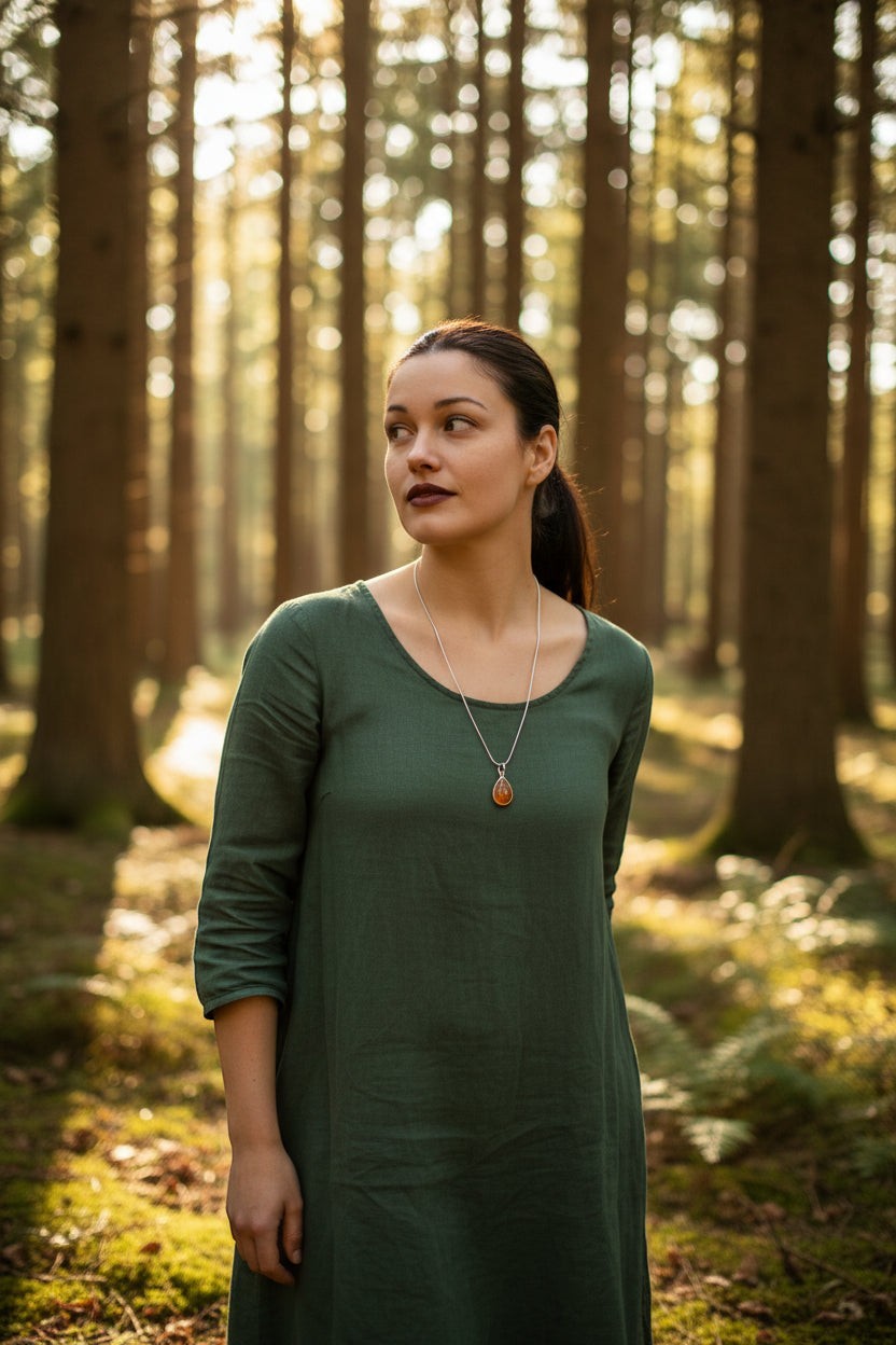 Der Anhänger aus 925er Silber für Damen mit tropfenförmigem Karneol dekorativ arrangiert – eine wunderbare Geschenkidee für Ästheten.