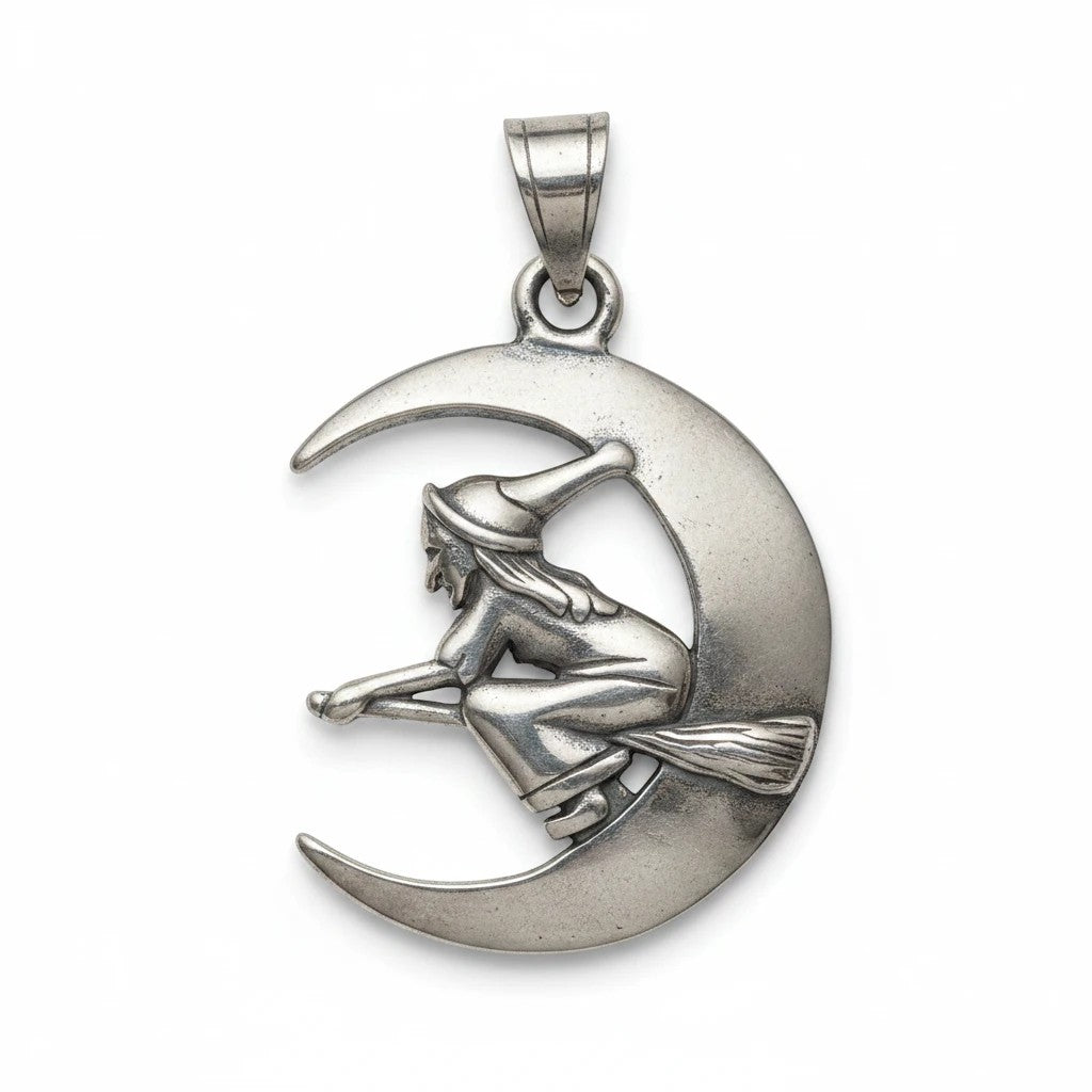Sinnikäs Edelstahl Anhänger Hexe auf Besen vor einem Halbmond, mystisches Design, 4cm groß.