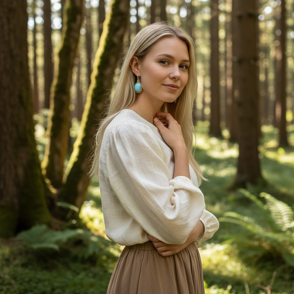 Ambiente-Ansicht des Ohrsteckers verziert mit einem Larimar (Stein des Friedens, zugeordnet dem Kehlchakra) von Sinnikäs®.