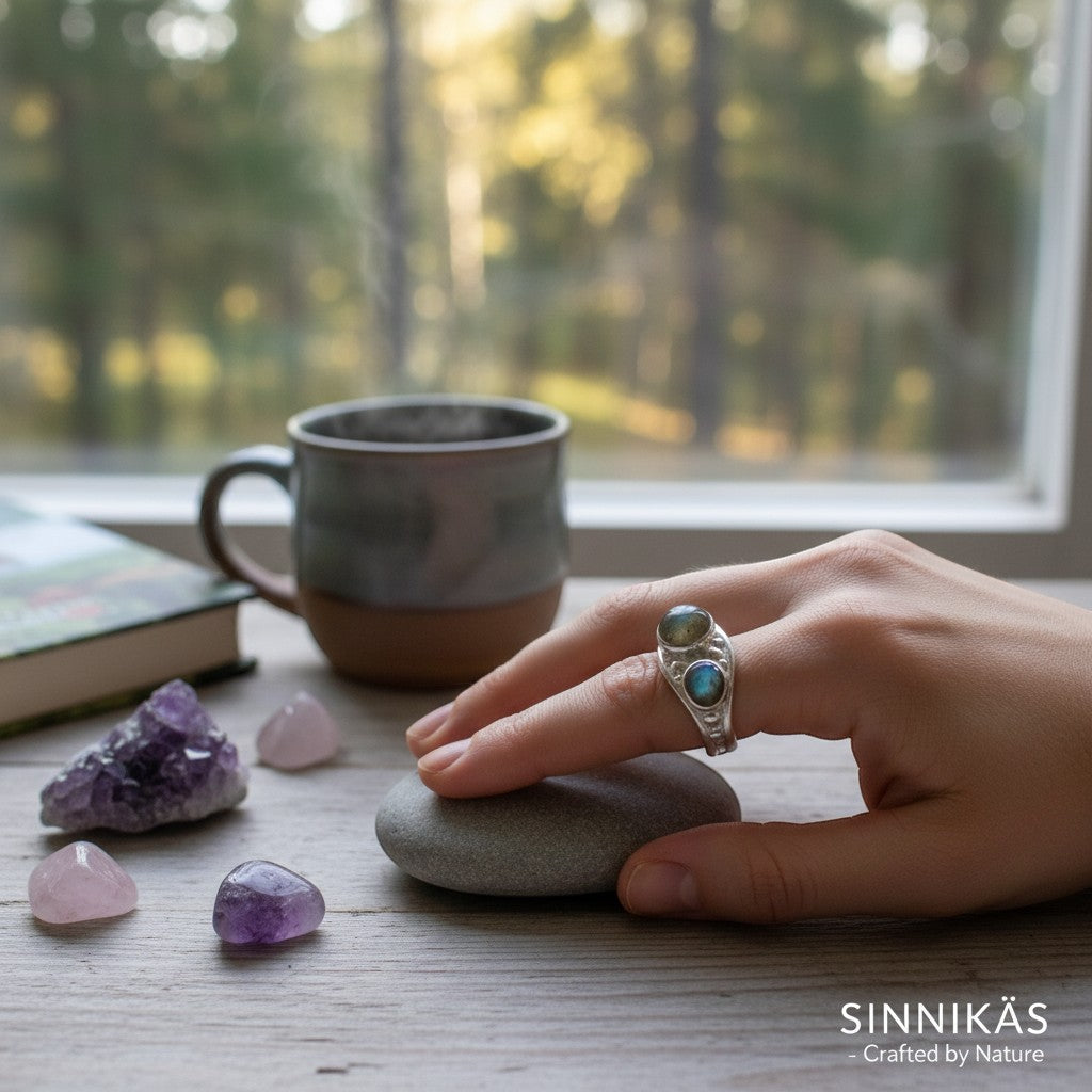 Ambiente-Ansicht des Rings verziert mit einem Labradorit (Stein der Reflexion, zugeordnet dem Stirnchakra) von Sinnikäs®.