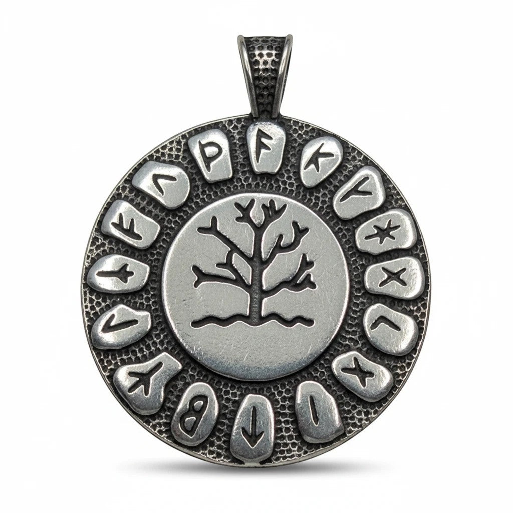 Sinnikäs Edelstahl Anhänger mit Yggdrasil Lebensbaum und Runenkreis, silberfarbenes, mystisches Design.