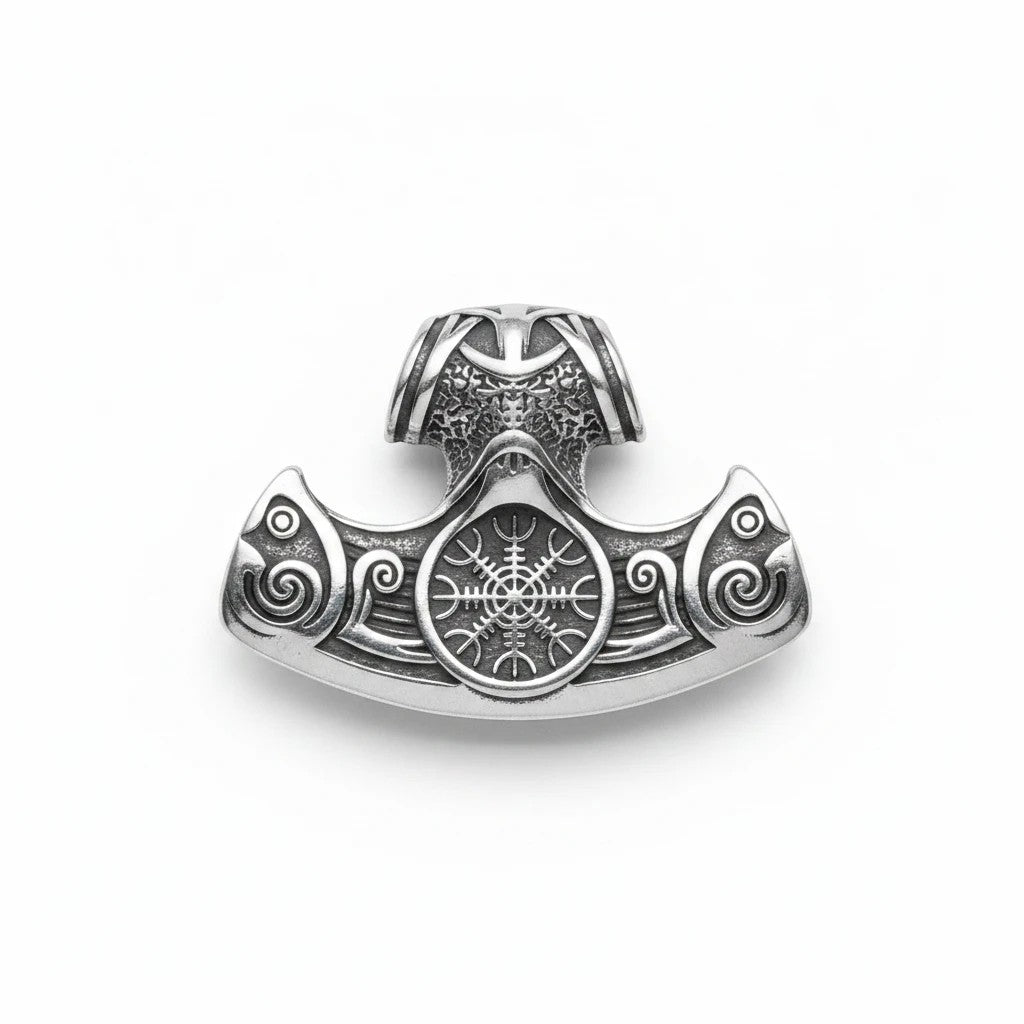 Sinnikäs Thors Hammer Anhänger aus Edelstahl mit detaillierter Vegvisir-Gravur in länglicher Form