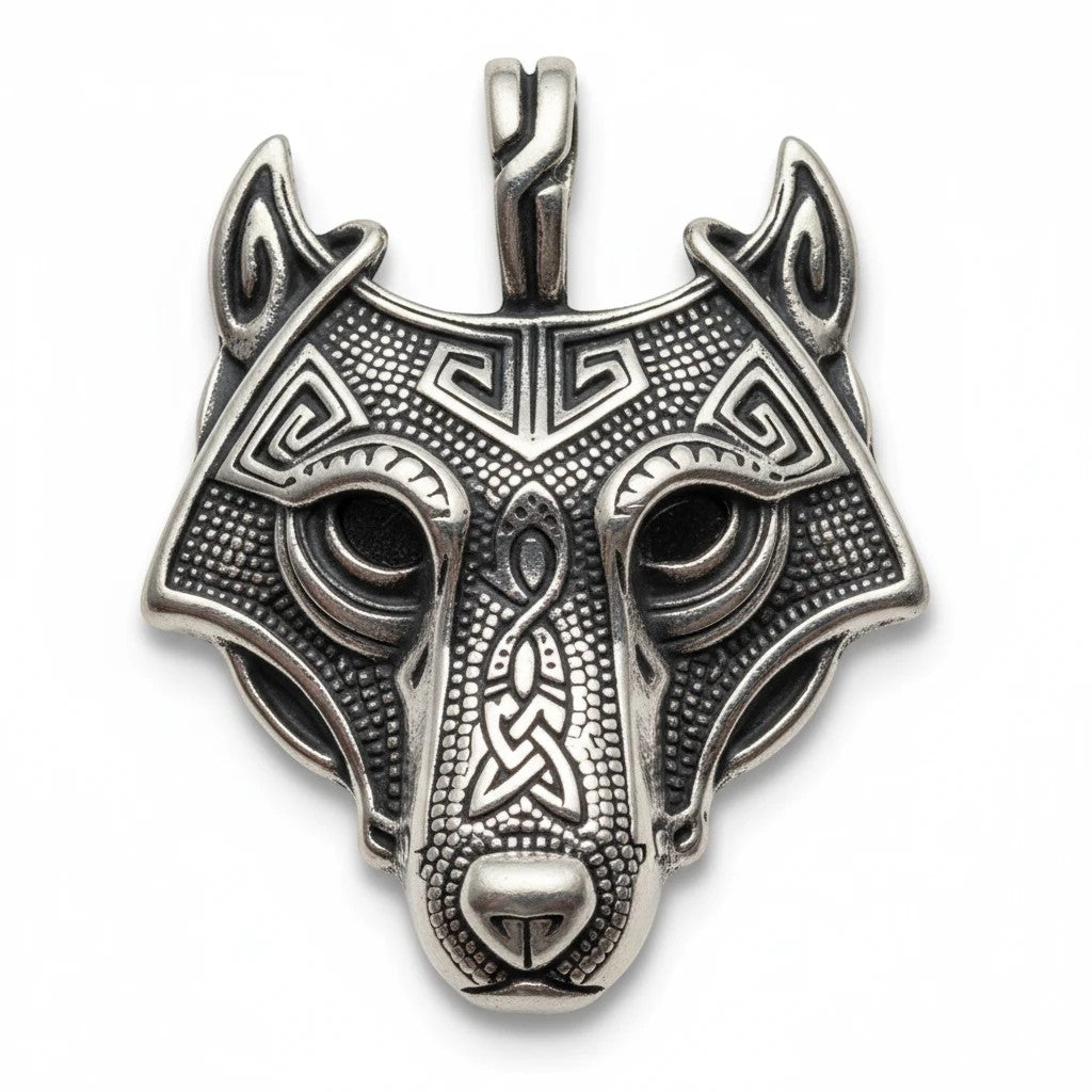 Stilvolle Produktpräsentation: Wikinger Fenrir Anhänger aus Edelstahl - Modell II der Marke Sinnikäs® in der Totalaufnahme.