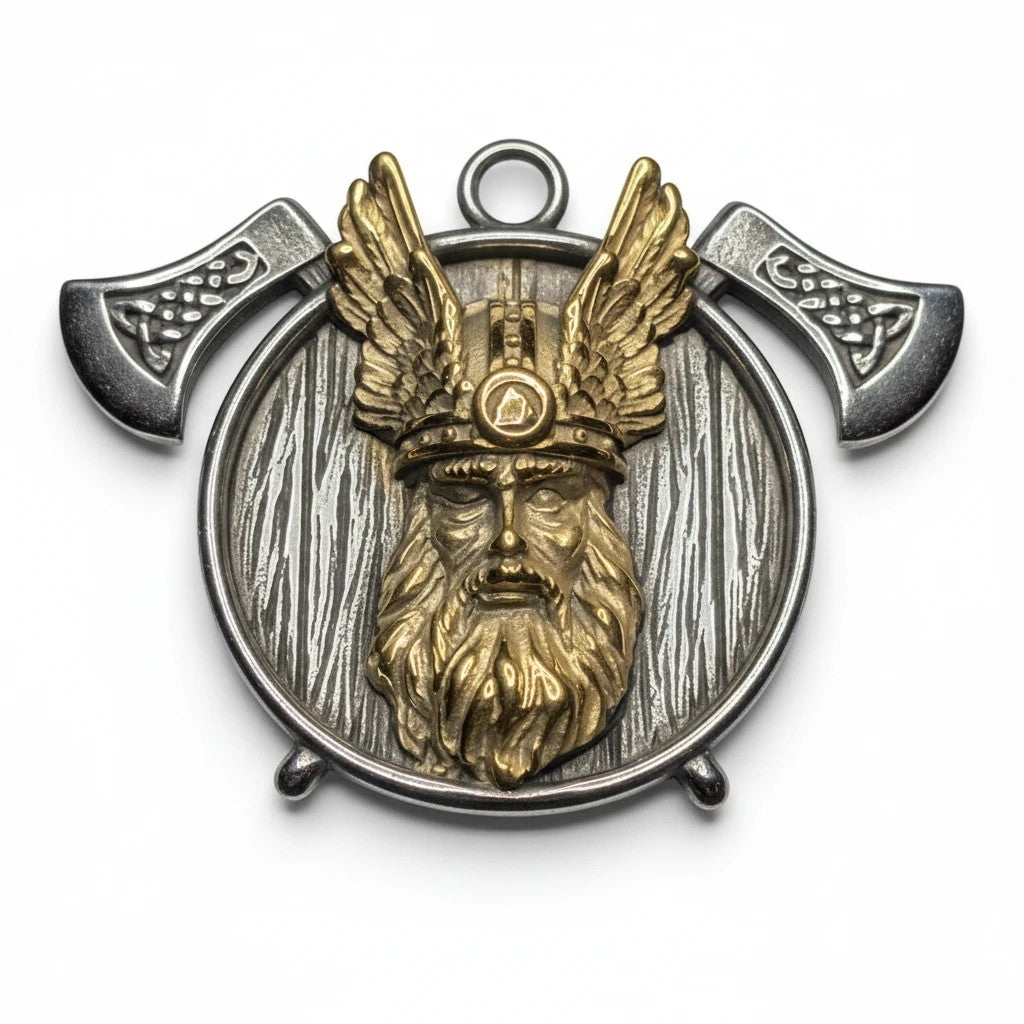 Exklusiver Wikinger Odin Anhänger aus Edelstahl (Schild-Äxten) für eine stilvolle Ausstrahlung, präsentiert von Sinnikäs®.