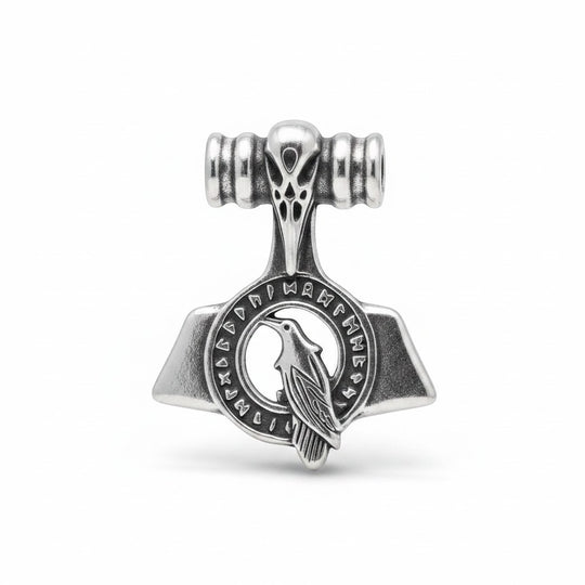 Exklusiver Wikinger Thors Hammer Anhänger aus Edelstahl (Rabe / Runenkranz) für eine stilvolle Ausstrahlung, präsentiert von Sinnikäs®.