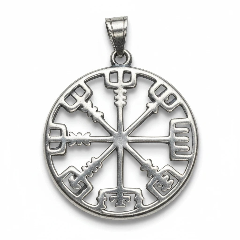 Exklusiver Wikinger Vegvisir Anhänger aus Edelstahl (Rund) für eine stilvolle Ausstrahlung, präsentiert von Sinnikäs®.