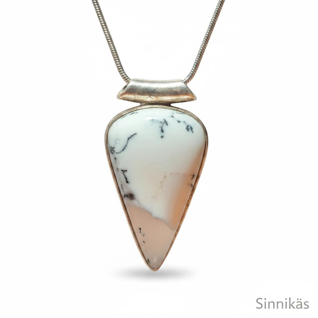 Sinnikäs Amulett aus 925er Silber mit tropfenförmigem Dendrit Opal in weißer Farbe mit feinen schwarzen Einschlüssen