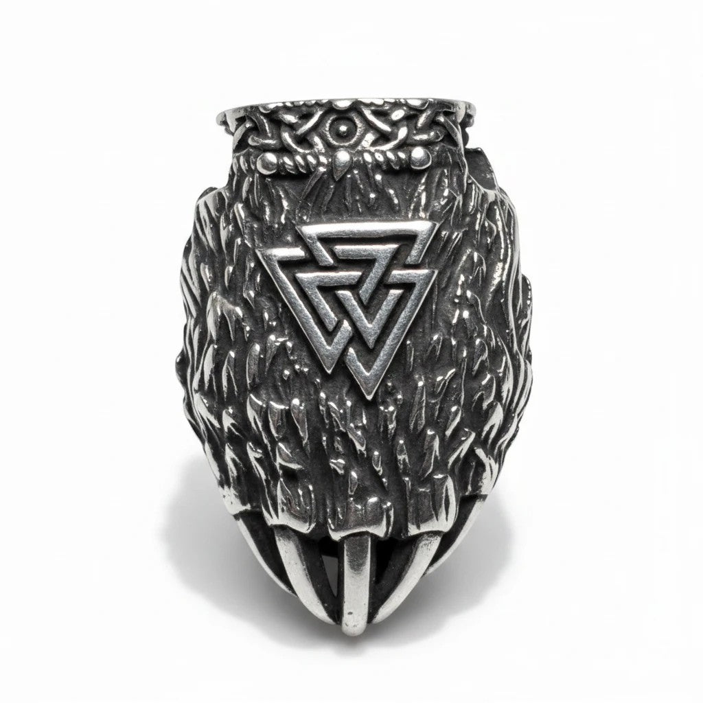 Sinnikäs Edelstahl Anhänger Bärentatze mit Valknut Symbol, detailliertes nordisches Design in Silberoptik.