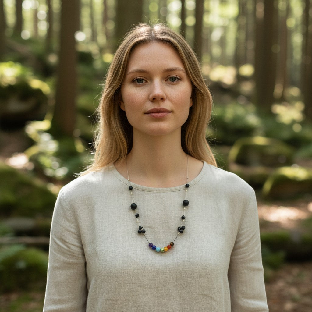 Sinnikäs Chakra-Halskette aus Obsidian mit 7 bunten Chakra-Perlen, die Harmonie und Energie fördern.