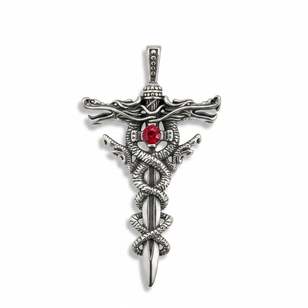 Sinnikäs Edelstahl-Anhänger mit Drachenmotiv, Schwert-Design und rotem Glasstein in antikem Silber-Look.