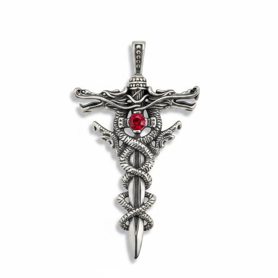 Sinnikäs Edelstahl-Anhänger mit Drachenmotiv, Schwert-Design und rotem Glasstein in antikem Silber-Look.