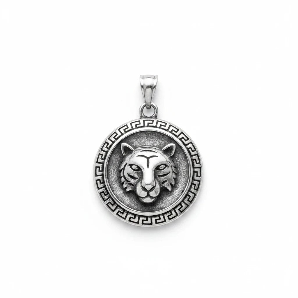 Sinnikäs Edelstahl Amulett mit Tiger-Motiv und griechischem Mäander-Muster in Silberoptik.