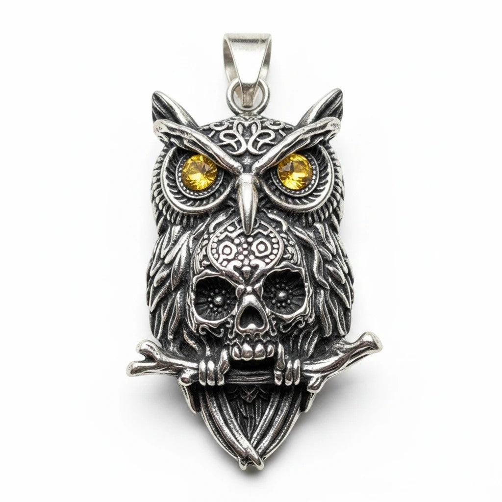 Sinnikäs Edelstahl-Anhänger Eule mit Totenkopf und leuchtend gelben Augen im Gothic-Design