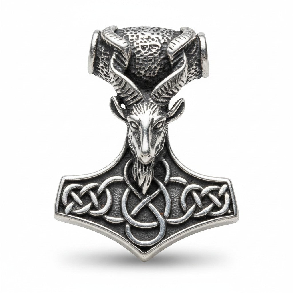 Sinnikäs silver-tone stainless steel pendant featuring a goat head hammer design with Celtic knot details.