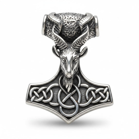 Sinnikäs silver-tone stainless steel pendant featuring a goat head hammer design with Celtic knot details.