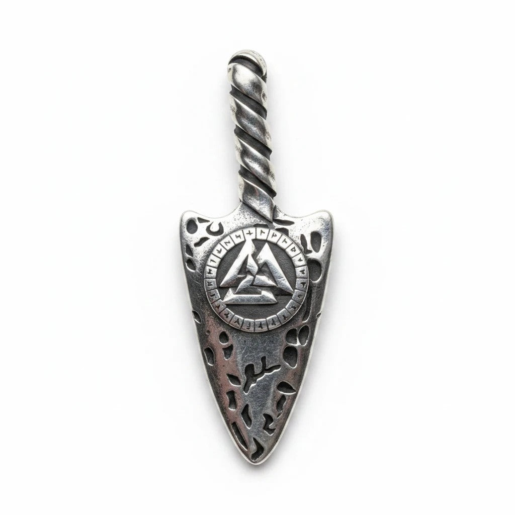 Sinnikäs Wikinger Gungnir Anhänger aus Edelstahl mit Valknut-Symbol und Runen-Details in Silberoptik.
