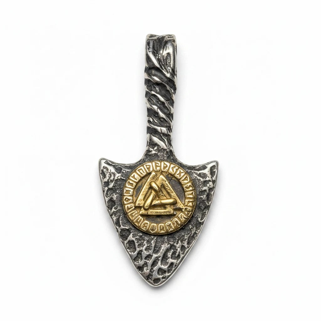 Sinnikäs Wikinger Gungnir Anhänger aus Edelstahl mit goldenem Valknut-Symbol und strukturierter Oberfläche.
