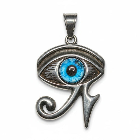 Sinnikäs Edelstahl Anhänger mit Horusauge Symbol und leuchtend blauem Auge als spiritueller Glücksbringer