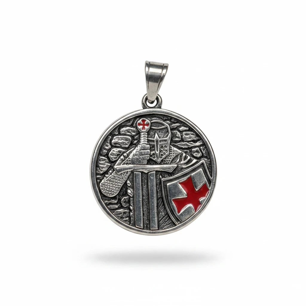 Sinnikäs Edelstahl Anhänger mit Kreuzritter Motiv, Schwert und Schild mit rotem Kreuz auf antikem Silber-Finish