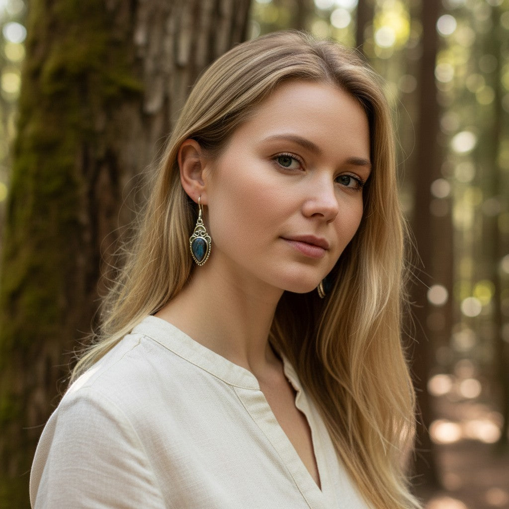 Sinnikäs Sterling-Silber Ohrstecker mit Labradorit und irisierendem Farbspiel, rhodiniert, für Damen.