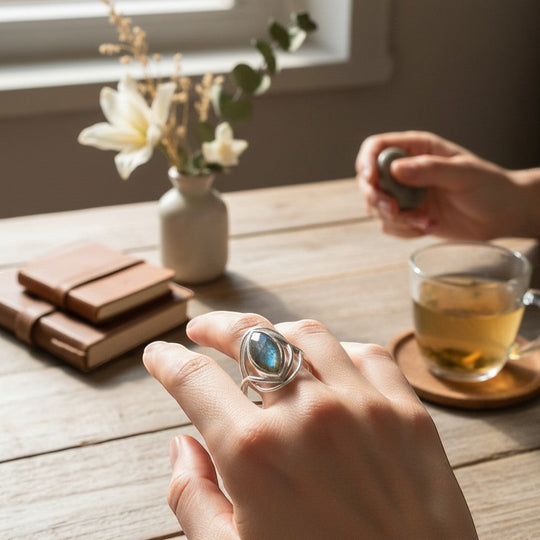 Sinnikäs Sterling-Silberring mit facettiertem Labradorit in Blau-Grün-Tönen, rhodiniert, Größe 59.
