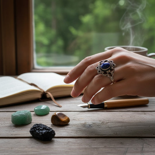 Sinnikäs Silberring mit blauem Lapislazuli-Einleger und filigranen Verzierungen, getragen an einer Hand über einem geöffneten Notizbuch.