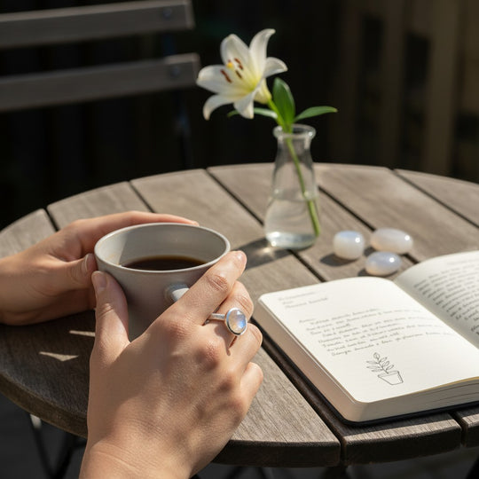 Sinnikäs Silberring mit einem ovalen Mondstein-Cabochon, der einen bläulichen Schimmer aufweist. Der Ring ist an einer Hand zu sehen, die eine Kaffeetasse hält.