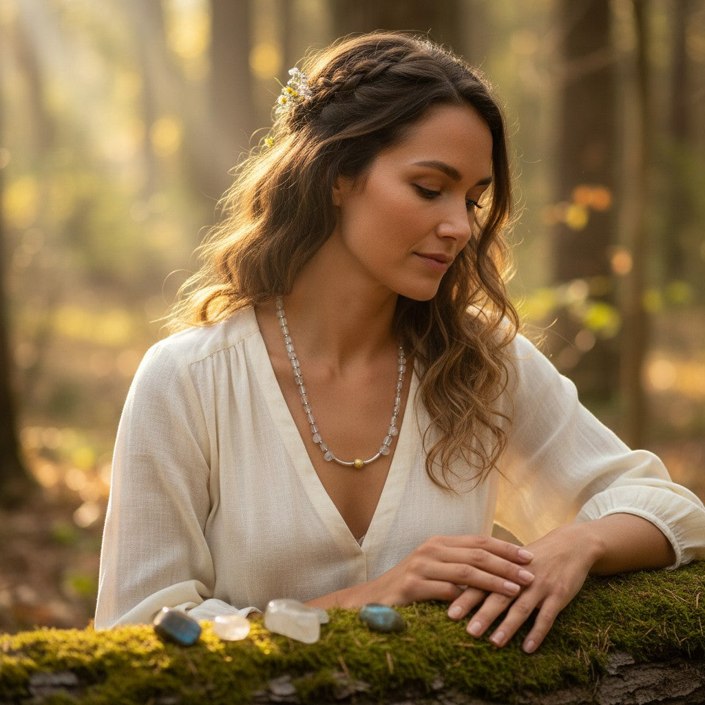 Sinnikäs necklace with faceted moonstone, silicon beads, and a gold-plated ball on a silver chain, worn by a woman in a forest.