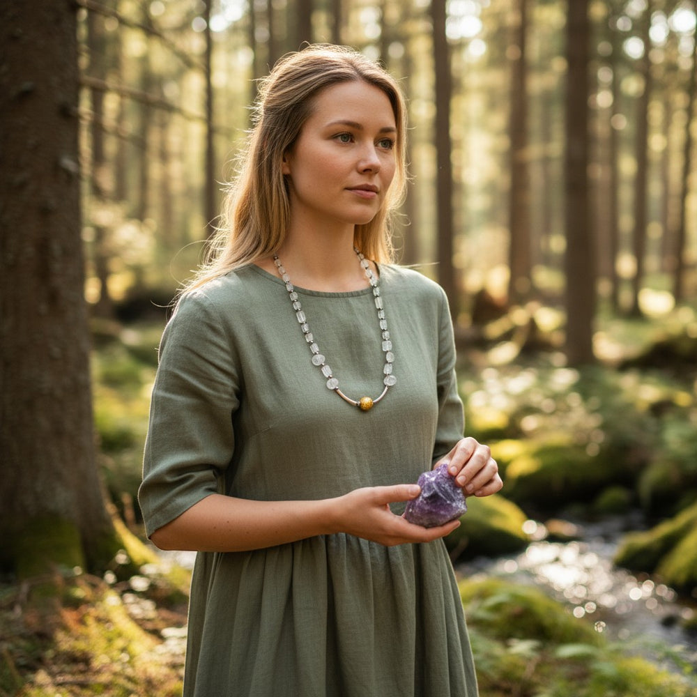Sinnikäs necklace with faceted moonstone, silicon beads, and a gold-plated ball on a silver chain.