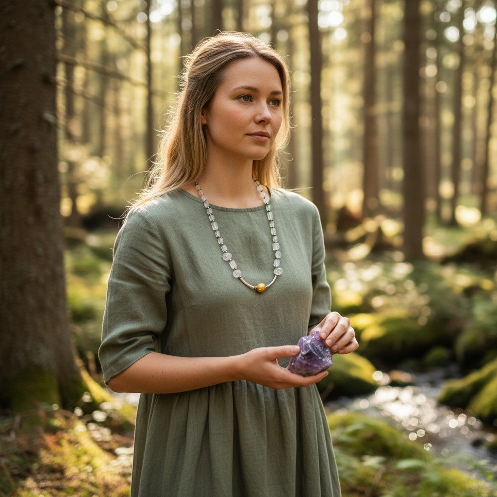 Sinnikäs necklace with faceted moonstone, silicon beads, and a gold-plated ball on a silver chain.