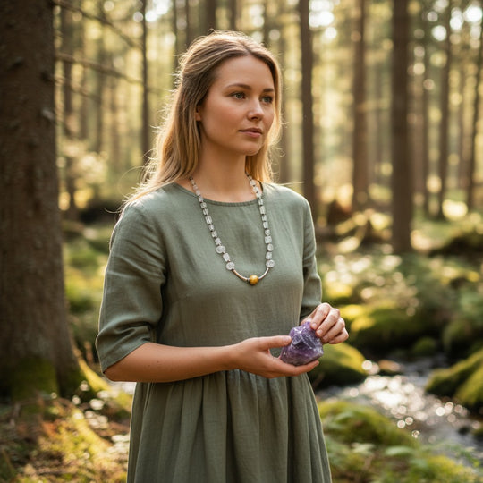Sinnikäs necklace with faceted moonstone, silicon beads, and a gold-plated ball on a silver chain.