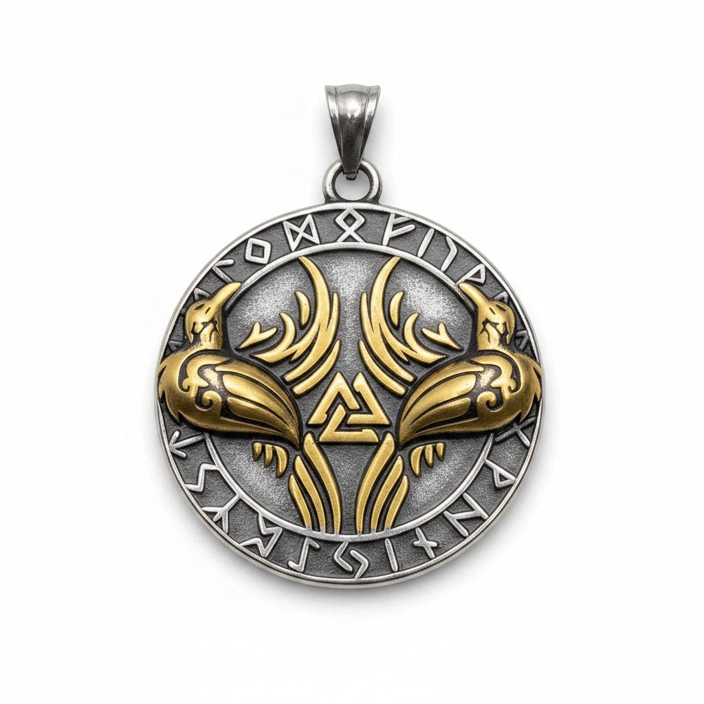 Sinnikäs Edelstahl-Anhänger mit Valknut-Symbol, Runenkreis und zwei goldenen Raben im nordischen Design.