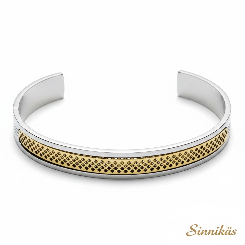 Sinnikäs silberner Edelstahl Armreif mit goldenem Muster, schlichtes Design, 7cm Durchmesser