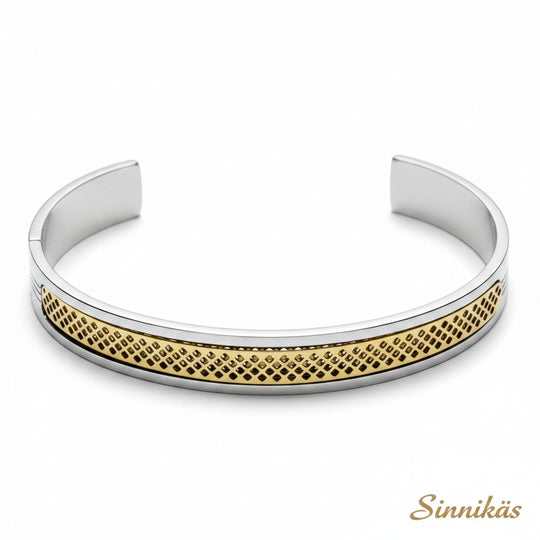 Sinnikäs silberner Edelstahl Armreif mit goldenem Muster, schlichtes Design, 7cm Durchmesser