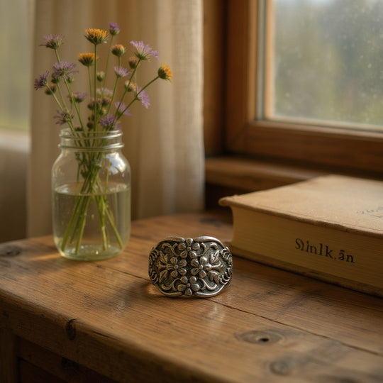 Sinnikäs Silberring mit Blumenmuster, Grösse 58, 6,62g. Einzigartiges, asymmetrisches Design.