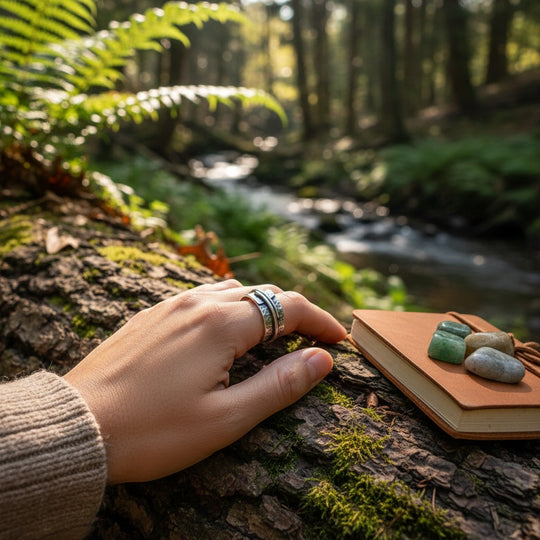 Sinnikäs Silberring mit kunstvollem Design, getragen an einer Hand im Wald. Der Ring hat eine glänzende Oberfläche und ist mit filigranen Mustern verziert.
