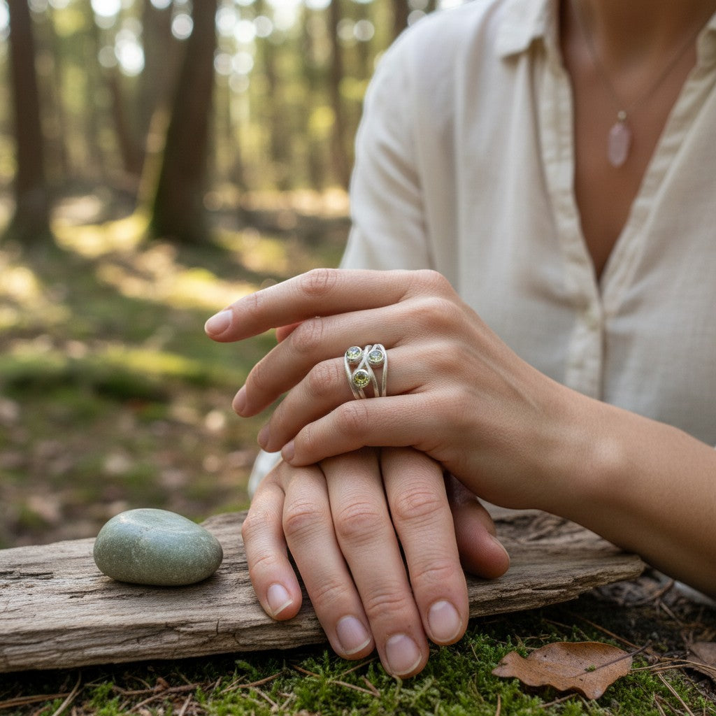 Sinnikäs Ring aus 925er Silber mit drei grünen Steinen, Krappenfassung, Größe 58
