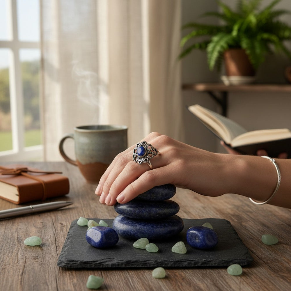 Sinnikäs Silberring mit blauem Lapislazuli-Einleger und filigranem Muster, getragen von einer Hand auf gestapelten Steinen.