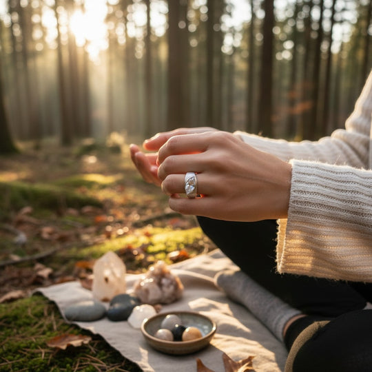Sinnikäs Silberring mit einem klaren Zirkonia-Stein, Größe 56. Eine Frau trägt den Ring in einer Waldlichtung.