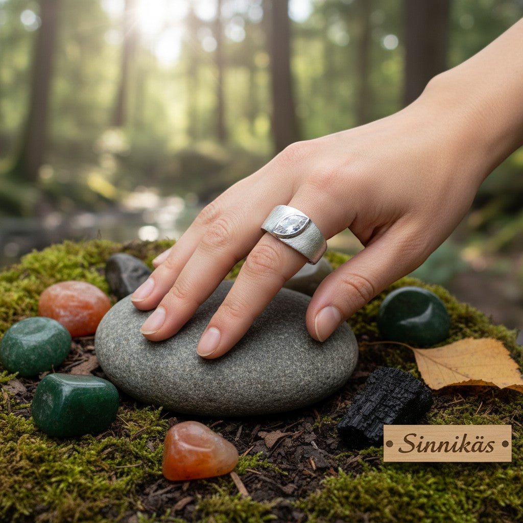Sinnikäs Silberring mit einem Marquise-Schliff Zirkonia-Stein, matt gebürstete Oberfläche, Größe 56.