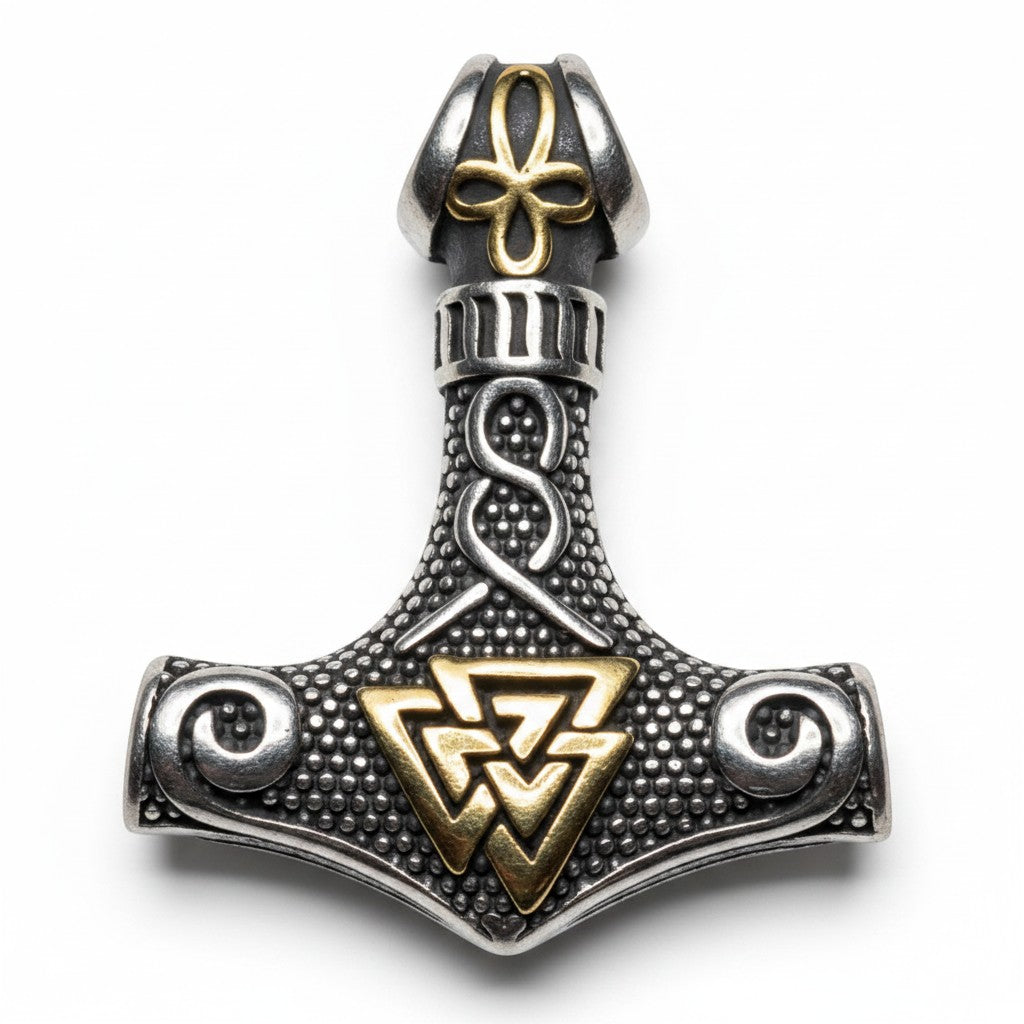 Sinnikäs Thor's Hammer pendant necklace in silver and gold tones, crafted from stainless steel with Viking knotwork and Mjölnir symbol.